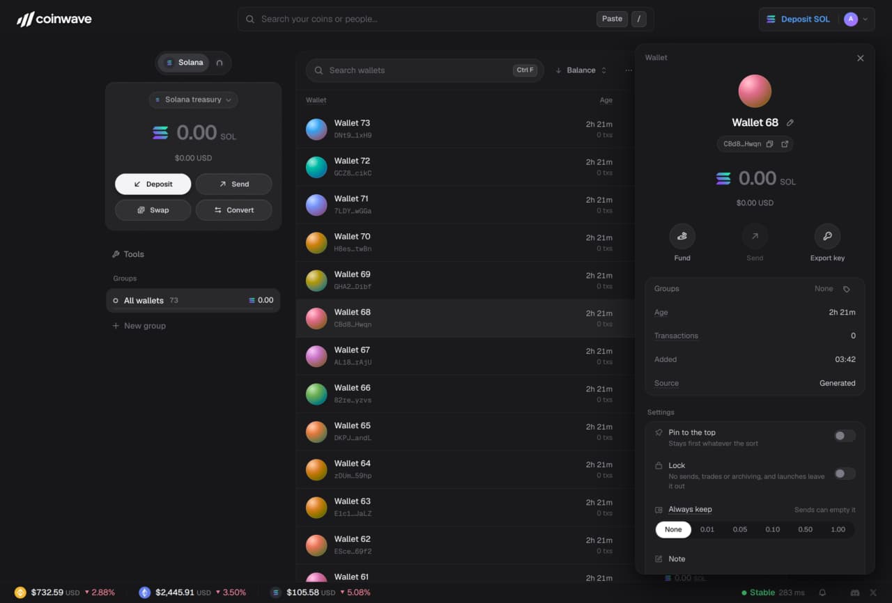 The Coinwave wallet manager, listing generated wallets beside a wallet's details and settings